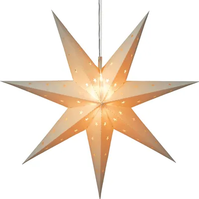 A white, 8-pointed star-shaped lamp with small star cutouts, illuminated from within, hanging against a white background.