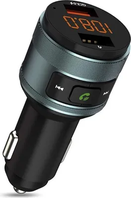 A close-up studio shot of a black and gray Bluetooth FM transmitter with an orange digital display.