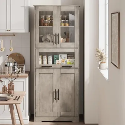 Immagine prodotto di Armadio contenitore - Mobiletto alto autoportante - Ante in vetro - 5 ripiani regolabili - 170x62x30 cm - Grigio chiaro