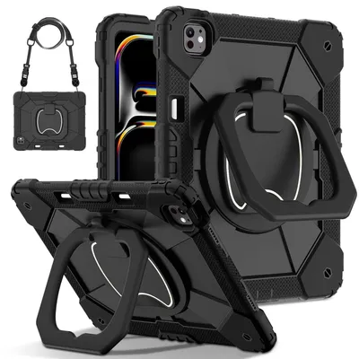 Immagine prodotto di Per Apple iPad Pro 13 2024 Custodia ibrida a 360 gradi con tracolla nera