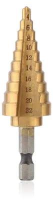 Imagen del producto de Broca escalonada de 4 a 22 mm, con revestimiento de titanio en acero rápido (HSS), con alojamiento hexagonal de 6,35 mm, para madera y plástico