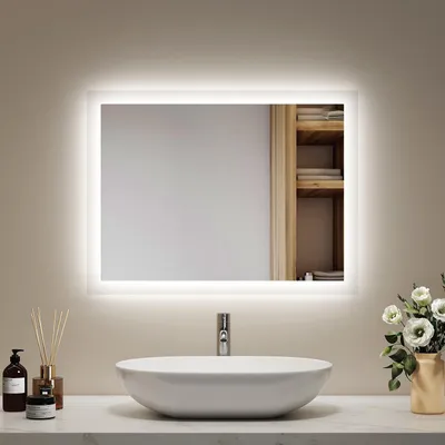 Zdjęcie produktu dla Lustro łazienkowe EMKE LED 45 x 60 cm z oświetleniem i powłoką przeciwmgielną, lustro ścienne z przełącznikiem mechanicznym Lustro łazienkowe 3000 K/6500 K Kolory światła