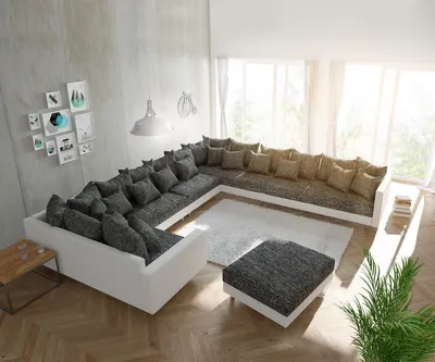 Produktbild von Couch Clovis XXL Weiss Schwarz mit Hocker und Armlehne Ottomane Rechts Wohnlandschaft