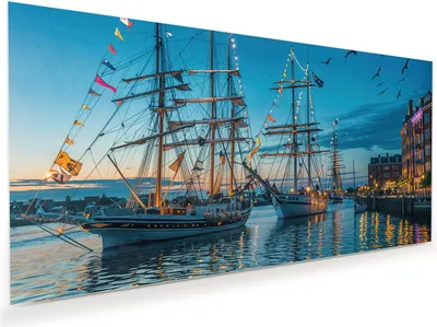Produktbild von Glasbild 80x40cm in XXL für Wohnzimmer, Schlafzimmer Motiv Schiffe im Hafen