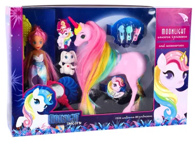 Immagine prodotto di Set di bambole Moonlight con unicorno e accessori - capelli colorati
