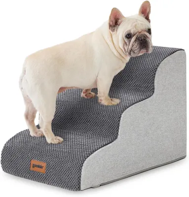 Produktbild von Hundetreppe für kleine Hunde – 3 Stufen – 40 cm hoch – mit Plüschbezug – grau