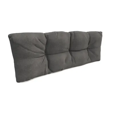 A gray tufted cushion for a sofa or bench, shown from a side angle against a white background.