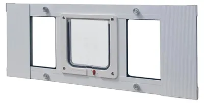 Produktbild von Haustiertür aus Aluminium, verstellbar für Fensterbreiten von 68,6 cm bis 81,3 cm, Katzenklappe 16,5 x 16,5 cm