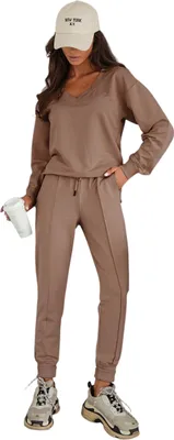 Produktbild von Damen Jogginganzug Freizeitanzug mit Sweatshirt Baumwoll-Trainingsanzug, Cappuccino XL/42