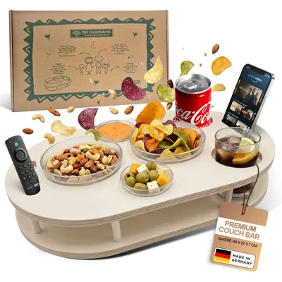 Produktbild von Couchbar Snackbox in Weiß mit 4 Glasschalen - Sofabar für Snacks und Getränke - Couchtabletts mit Getränkehalter - Sofa Butler - Couch Bar Snackbar