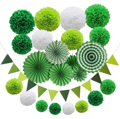 Produktbild von 23-teiliges Party-Deko-Set Grün & Weiß: Pompons, Papierfächer, Wimpel