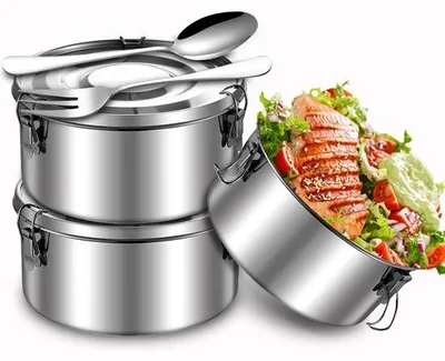 Immagine prodotto di Contenitori in metallo argentato e inossidabile con coperchio, set da 3, 360 ml, a tenuta stagna, contenitore per il pranzo in metallo per la scuola, con cucchiaio e forchetta, contenitore per il bento e snack per bambini e adulti