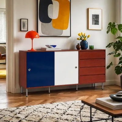 Produktbild von Sideboard 160x40x80cm MDF, Schiebetüren Hochglanz, 4 Schubladen, Metallfüße Edelstahl-Optik, Kippschutz, geräumiges Kommode für Wohnzimmer & Esszimmer