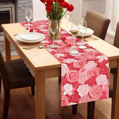 Leinentischläufer 183 cm, Rosenblumenmuster, 33x183 cm