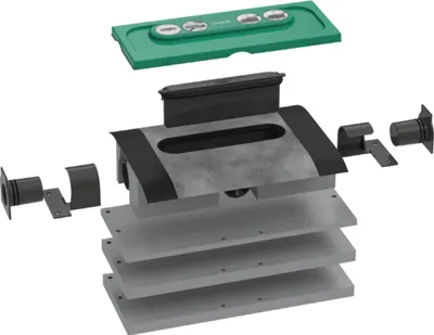 An exploded view of a plumbing component, showing its various parts separated.