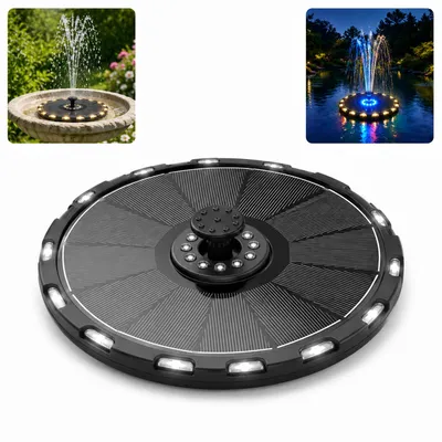 Produktbild von Solar Springbrunnen mit LED Licht 3,5W, schwimmende Solar Wasserpumpe für Vogelbad, Teich & Garten Ø18cm