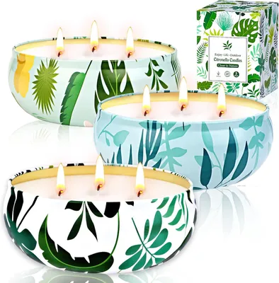 Image de Bougies à la citronnelle pour l'extérieur, grandes, 3 x 400 ml, bougies naturelles à la cire de soja