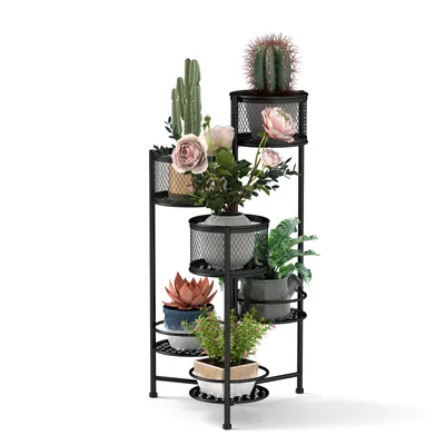 Immagine prodotto di COSTWAY Supporto per piante in metallo 6 livelli, design girevole, gradini per piante in vaso, supporto per vasi di fiori a forma di scala scaffale per piante nero