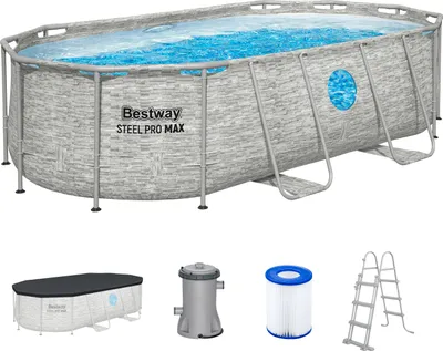 Produktbild von Bestway® Steel Pro MAX™ Splashview™ Frame Pool Komplett-Set mit Filterpumpe 427 x 250 x 100 cm, Steinwand-Optik (Cremegrau), oval