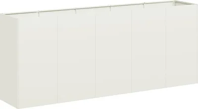 A white, rectangular planter box with six doors is shown from a slightly elevated, diagonal angle.