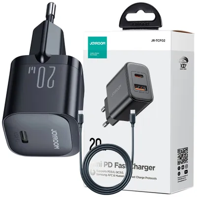 Produktbild von Joyroom USB-C PD 20W Netzladegerät + USB-C zu USB-C Ladekabel, schwarz (JR-TCF02)