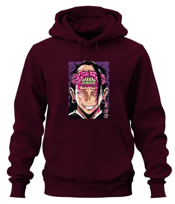Imagen del producto de Sudadera con capucha uni, estilo anime Jujutsu Kaisen, con diseño de Geto Suguru, con imagen de un cerebro ensangrentado, de color burdeos, talla L