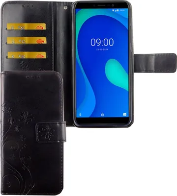A black flip case for a Wiko Y80 phone, shown open with the phone inside and card slots visible.