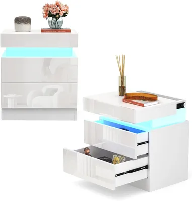 Produktbild von 2x Nachttisch mit LED, Nightstand Weiß mit 2 Schubladen und oberer Aufbewahrung,Beistelltisch,Kommode,Bettschrank,Schlafzimmer,Möbel,40x35x52cm