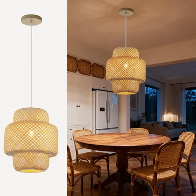 Produktbild von JDONG Pendelleuchte Rattan Hängeleuchte Lampenschirm Boho Vintage warmweiß E27 Bambus Nachbildung für Küche, Glühbirne nicht im Lieferumfang enthalten