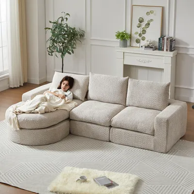 Produktbild von Modulares Chenille-Sofa mit Liegestuhl, Beige, kompaktes Schaumstoffsofa ohne Gestell
