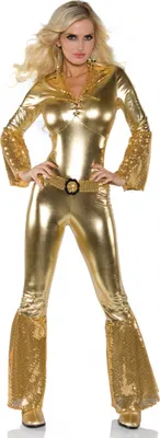 Produktbild von 70´s Disco Diva Overall Gold aus Stretchstoff Gr. XS, S, M, L Damen Größe: L