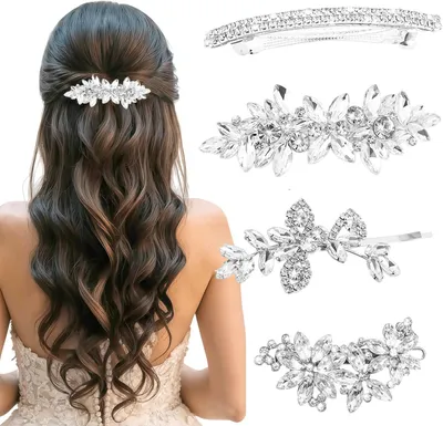 Produktbild von 4 Strass Haarspangen für Damen, silberne Blumen Haaraccessoires, Funkelnde Kristall Haarnadeln, Braut-, Hochzeits- und Alltagsaccessoires