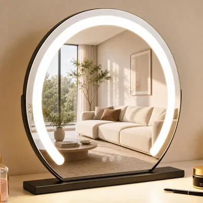 Zdjęcie produktu dla ZMH lustro do makijażu z oświetleniem 40×35CM lustro vanity LED lustro kosmetyczne lustro stołowe 3 tryby lustro do toaletki czarne ściemnialne