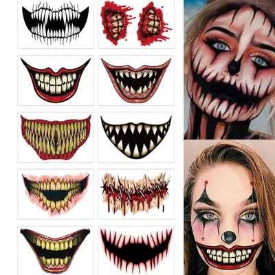 Produktbild von Halloween Horror Mund Tattoo Sticker, gruseliges Gesicht Make-up Set, Kostüm Zubehör für Damen Herren, Cosplay Party Maskerade