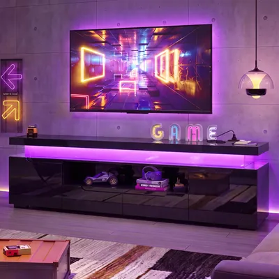 Produktbild von REMZETTA TV-Lowboard 180 cm in Schwarz mit LED-Beleuchtung, Fernsehschrank mit 2 Schubladen, 2 Türen und offenem Gerätefach, TV-Board für Fernseher bis 75 Zoll