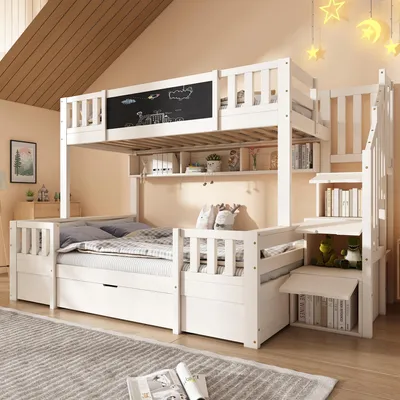 Produktbild von Etagenbett für 3 Kinder, 90x200/140x200, Massivholz, Kreidetafel, Stauraum-Treppe, Schubladen, Leiterschrank.