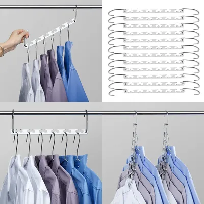 A collage of images showing a space-saving hanger system with shirts on it, and a pack of the hangers.