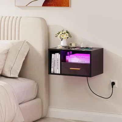 Produktbild von 1x Nachttisch Hängend,Schwebender Nachttisch mit Steckdose und Ladefunktion,Wandregal Nachtschrank mit Offenes Fach Und Schublade 47x30x26cm Schwarz