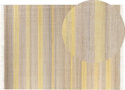 Zdjęcie produktu dla BELIANI Dywan beżowo-żółty juta 160 x 230 cm z frędzlami geometryczny wzór w paski ręcznie pleciony styl boho do przedpokoju korytarza