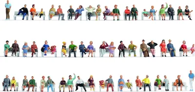 Produktbild von NOCH TT Mega-Spar-Set „Sitzende“, handbemalte Figuren, 60 Stück für Modellbau in der Spur TT, ideal für Plätze und Städte