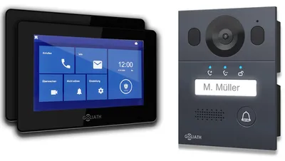 Goliath Basic Line AV-BLS-07U Video-Türsprechanlage, 2-Draht, 1 Familie, 2 7-Zoll-Monitore in Schwarz, Türstation Anthrazit, Unterputz