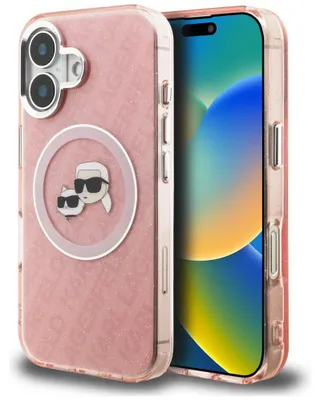 Image de Étui Karl Lagerfeld IML Glitter, motif "Karl & Choupette", logo, compatible MagSafe, pour iPhone 16, couleur rose
