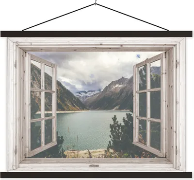 Produktbild von MuchoWow® Textilposter Aussicht - Berg - Wasser 150x113 cm mit schwarzem Rahmen - Wohnzimmer