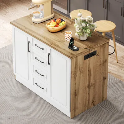 Immagine prodotto di Isola da cucina okwish con 4 cassetti, ripiani regolabili e prese di corrente, mobiletto da cucina per cucina, sala da pranzo, colore: naturale e bianco