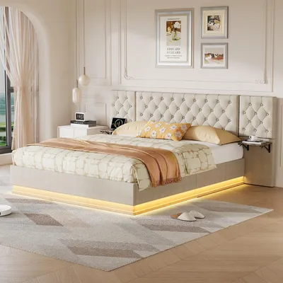 Imagen del producto de Cama tapizada de 160x200 cm con espacio de almacenamiento hidráulico, iluminación LED, 2 mesitas de noche laterales, superficie de carga inalámbrica de 15W, conexión USB y Type-C, somier de láminas, color beige, sin colchón