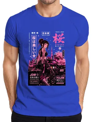 Immagine prodotto di T-shirt da uomo, blu, taglia XXL, con scritta "Sakura JDM Japanese Pride", design ispirato all'anime giapponese, stile anni 2000, con motivo "drift"