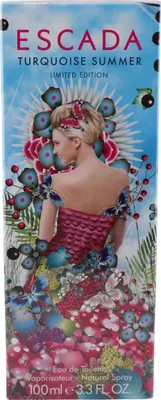 Verpackung des Eau de Toilette Escada Turquoise Summer, 100 ml, mit fantasievoller Illustration und lebendigem Design.