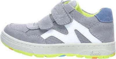 A side view of a child's gray sneaker with white accents and a blue heel tab.