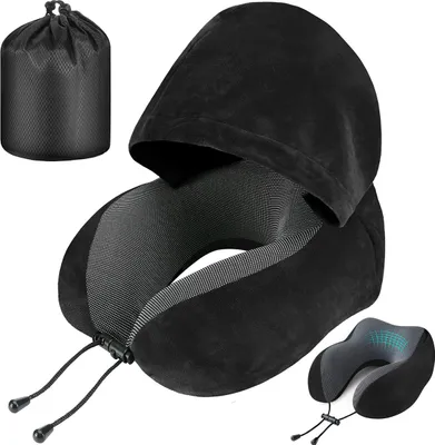 Produktbild von U-förmiges Reisekissen Memory Foam Nackenkissen mit Kapuze, ergonomisch, 32×32×12 cm