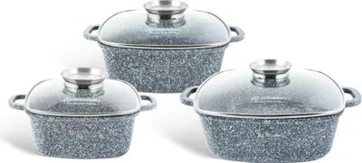 Produktbild von Bräterset, Quadratischer Topfset Kochtopf Keramik Grau, Steinbeschichtung Glasdeckel, (2.8L / 4.4L / 6.5L)